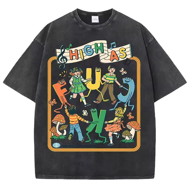 Happy Playing Children Pattern Retro T-Shirt Herren Sommer Weiche Kleidung Trendy Rundhals Washed Tops Oversize Baumwolle Streetwear