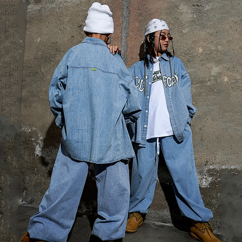 Children's Long-Sleeved Denim Shirt Hiphop Suit Jazz Performance Costumes Ballroom Hip Hop Dance Festival Clothes DQS10685