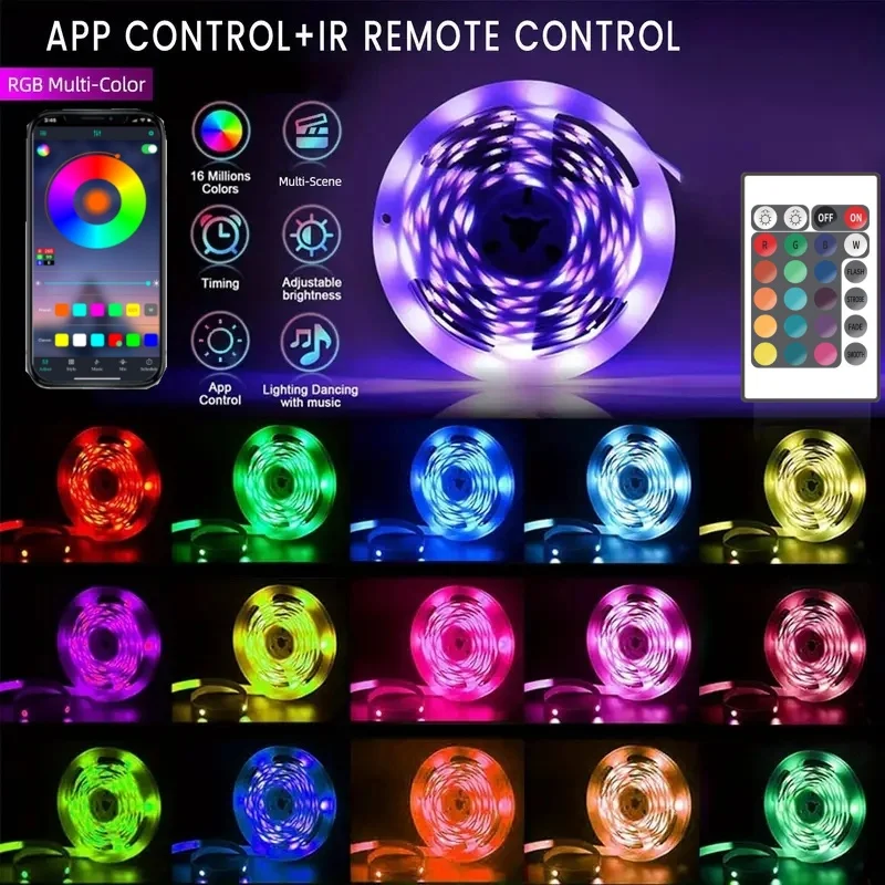 Vibrant RGB Color-Changing LED Strip Light with Music Sync and Remote Control