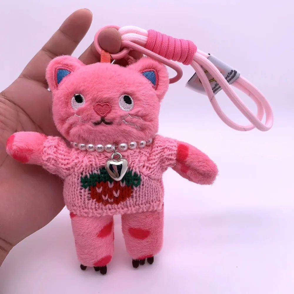 カワイイ猫ぬいぐるみキーホルダー女性用、ピンクの人形