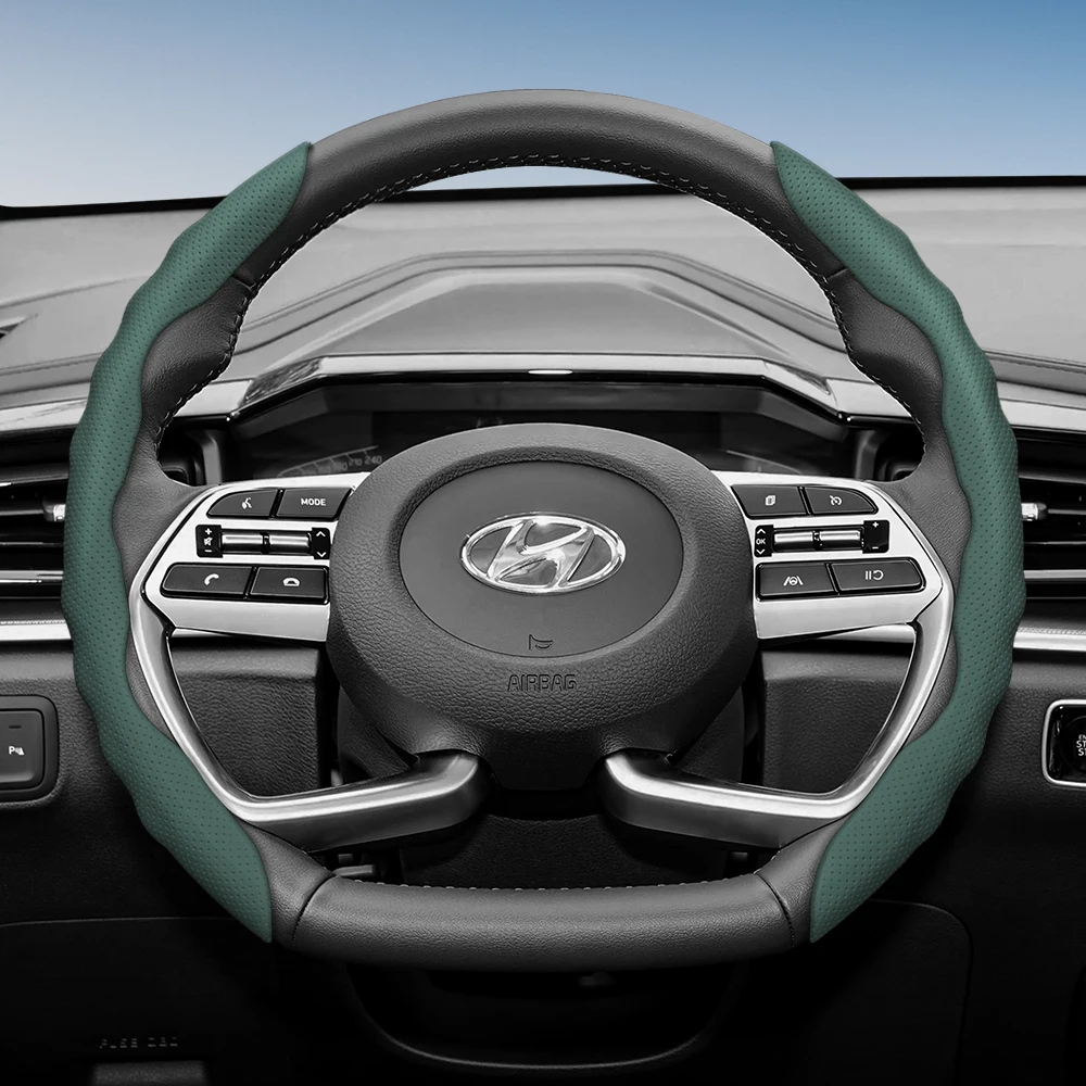 Steering Wheel Cover with Wavy Sports Design - Breathable Leather, Segmented Anti-Slip, Sweat-Absorbing Protective Cover
