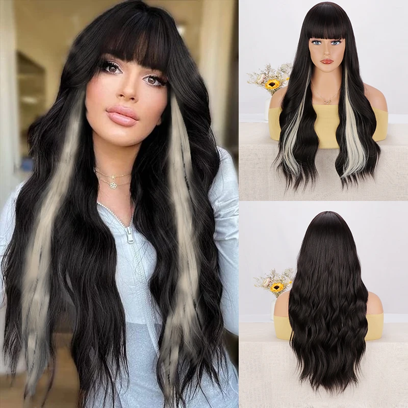 

Blonde Highlight Black Synthetic Wig Long Wavy Wigs with Bangs Natural Wave Wig for Women Cosplay Heat Resistant Fiber Wigs