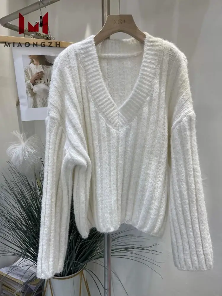 

Fashion Striped Sweater For Women Vintage Knitted V Neck Long Sleeve Pullovers New Autumn Winter Lady Solid New Sweatshirts 2023