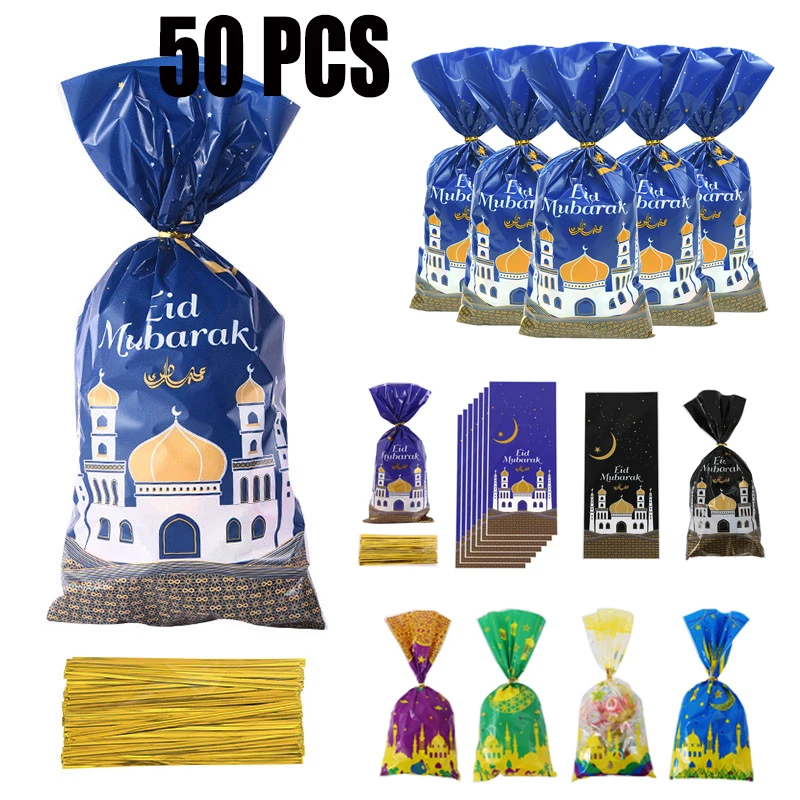 5/25/50pc Eid Mubarak Gift Bags Plastic OPP Candy Cookie Bag Ramadan