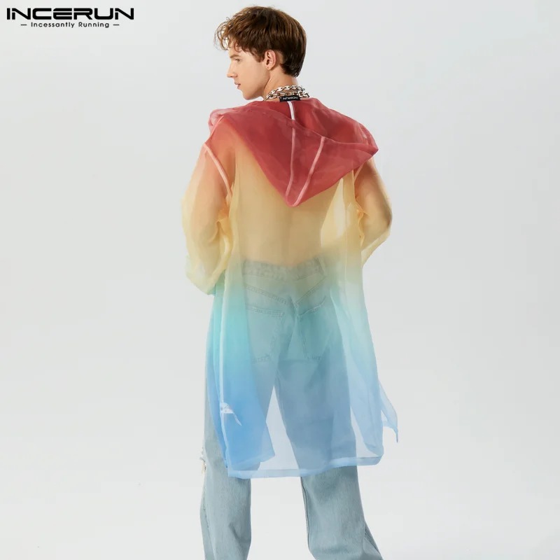 Men Trench Tie Dye Gradient Hooded Long Sleeve Open Stitch Casual Coat