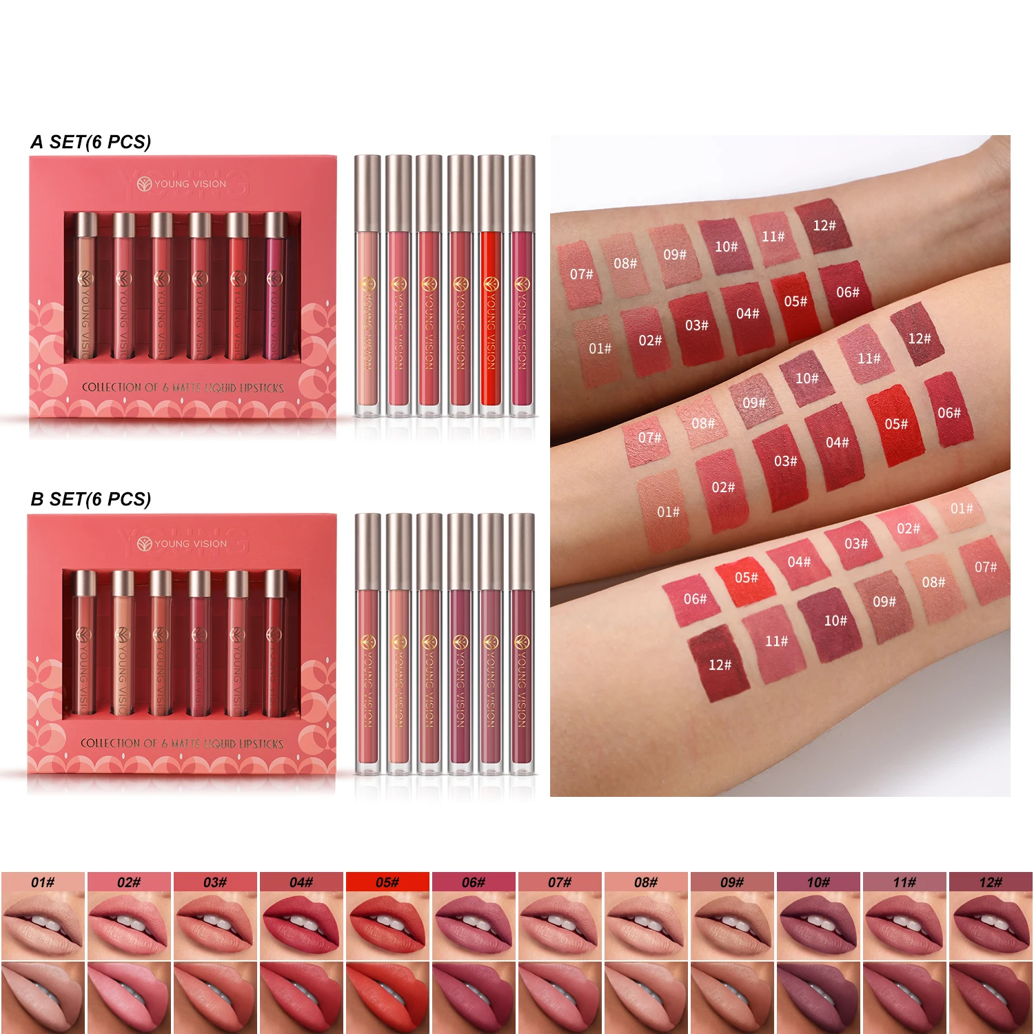 6pcs/pack Lip Gloss Set Long-lasting Non stick Cup Liquid Lipstick Velvet Matte