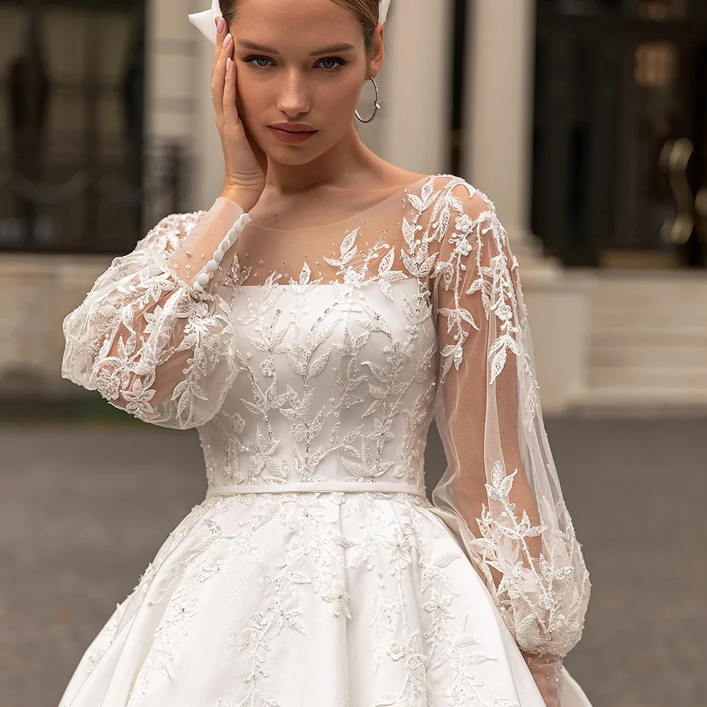 Classic Wedding Dresses Women O-Neck Full Sleeves Bride Dress Satin With Applique Sweep Train A-Line Occasion Gowns EBG98003 3