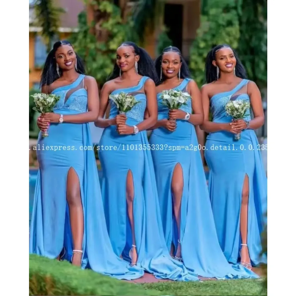 Blue One Shoulder Lace Top High Slits Mermaid Long Bridesmaid Dresses New Wedding Guest Dresses for Women Vestido Boda Invitada