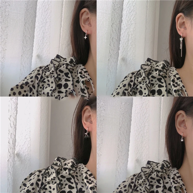 Punk Metal Tassel Chain Love Earring Irregular Geometric Cherry Hoop Earrings For Women Gifts Jewelry 4pcs/set