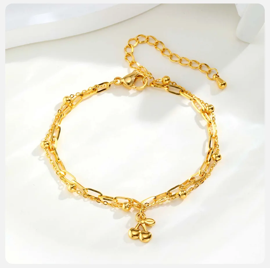 Vnox Goldfarbener Charm, 2 Stück, geschichtete Kirscharmbänder für Frauen, vergoldete Edelstahlkette, Strandhandschmuck, Geschenk – Detail 5