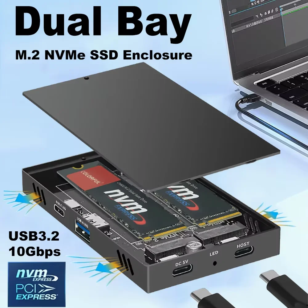 Dual Bay M.2 NVME SSD Enclosure 10Gbps USB C 3.2 Gen2 SSD Box 4TB 4 IN 1 Docking Station for M Key NVME PCIe Hard Drive Case