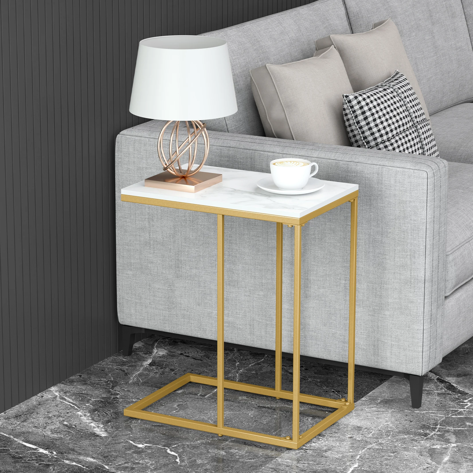 C Shaped End Snack Side Table Under Couch with Marble Top for Sofa Coffee Laptop Living Room Bedroom Small Space - 1
