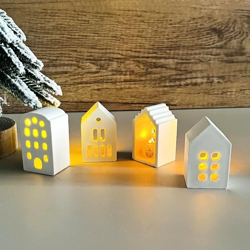 Silicone Mold 4PCS Mini White House Pendant Aromatherapy Gypsum Christmas House Candle Holder Ornament