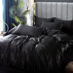 Luxury Solid Color Silk Satin Bedding Set - Duvet Cover, Bed Sheet & Pillowcase Collection - Full Size 4pcs (Black)