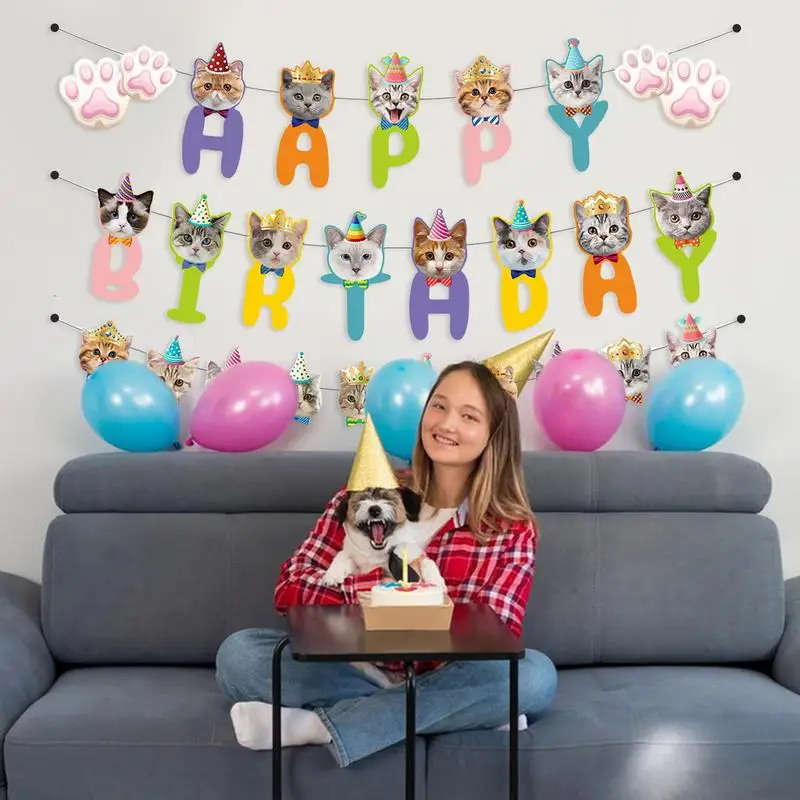 

Cat Theme Party Photo Backdrop Cat Happy Birthday Banner Kitties Bunting Pet Happy Birthday Bunting Garland Birthday Party Decor