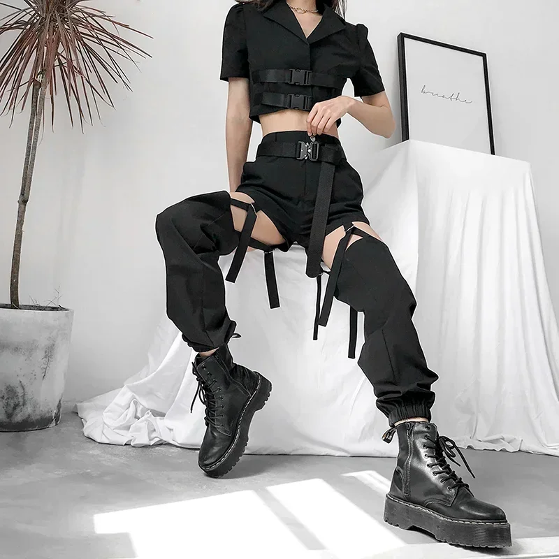 Streetwear High Waist Overalls Fashion Women Jogging Pants Street Style Trousers Buckle Sports Pants Adjustable Hollow Trousers