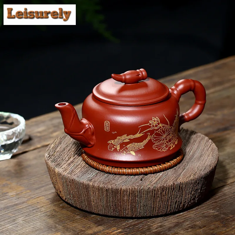 280ml Aesthetic Yixing Purple Clay Teapots Artists Handmade Gold Drawing Pot Raw Ore Dahongpao Mud Kettle Chinese Zisha Tea Set