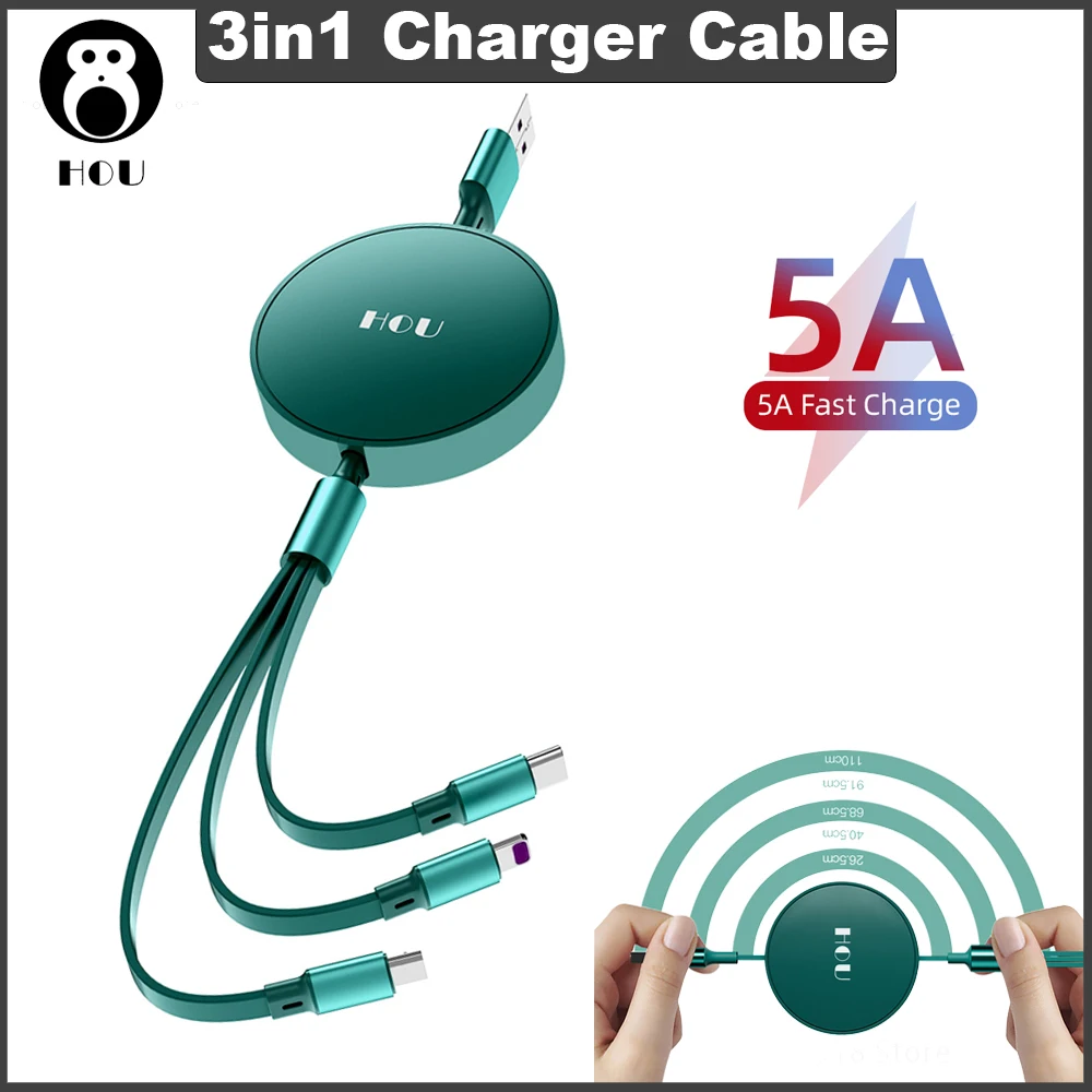 

HOU 3in 1 Retractable Charger Cable USB Cable Max Multi Fast Charger Micro USB Type C Charge line For Samsung Xiaomi iphone