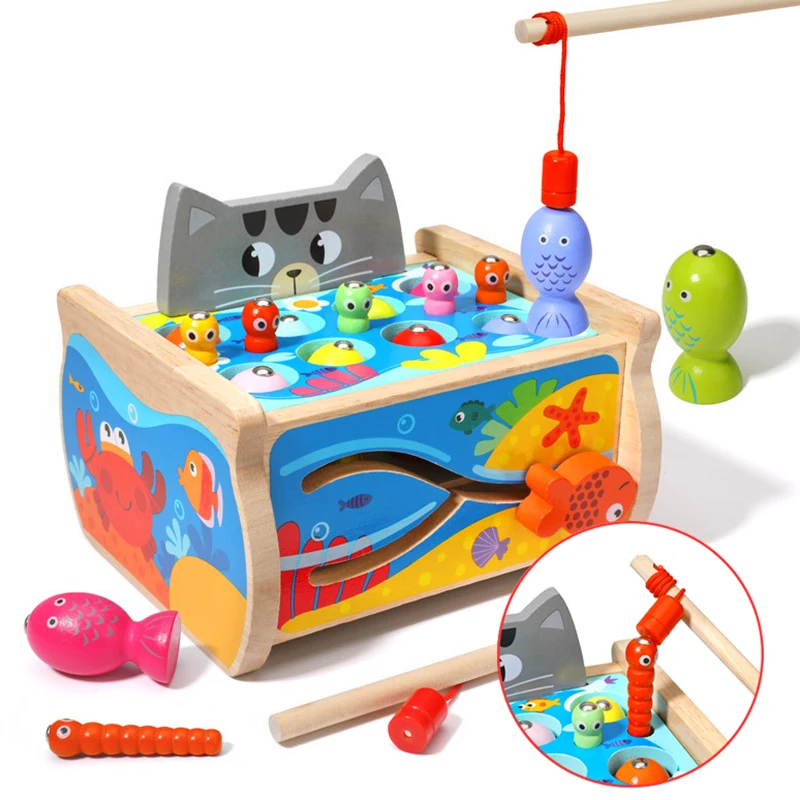 Montessori Toy Set Wooden Toys Baby Fishing Pull Along Car Shape Cognitive  Puzzle Learing Toy Children Wooden Baby Toys