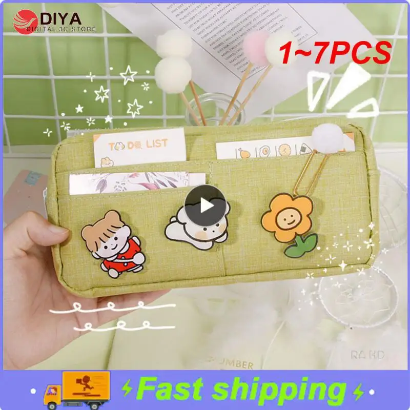 

1~7PCS Kawaii Purple Canvas Pencil Case Cute Animal Badge Pencilcases Large School Pencil Bags for Maiden Girl Stationery