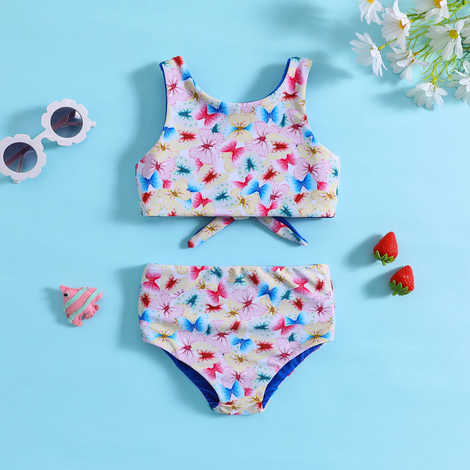 

Toddler Girls Butterfly Print Swimsuits Children's Swimwear Cute Bowknot Bikinis Baby Girls Two Piece Swimwear For Summer 2024