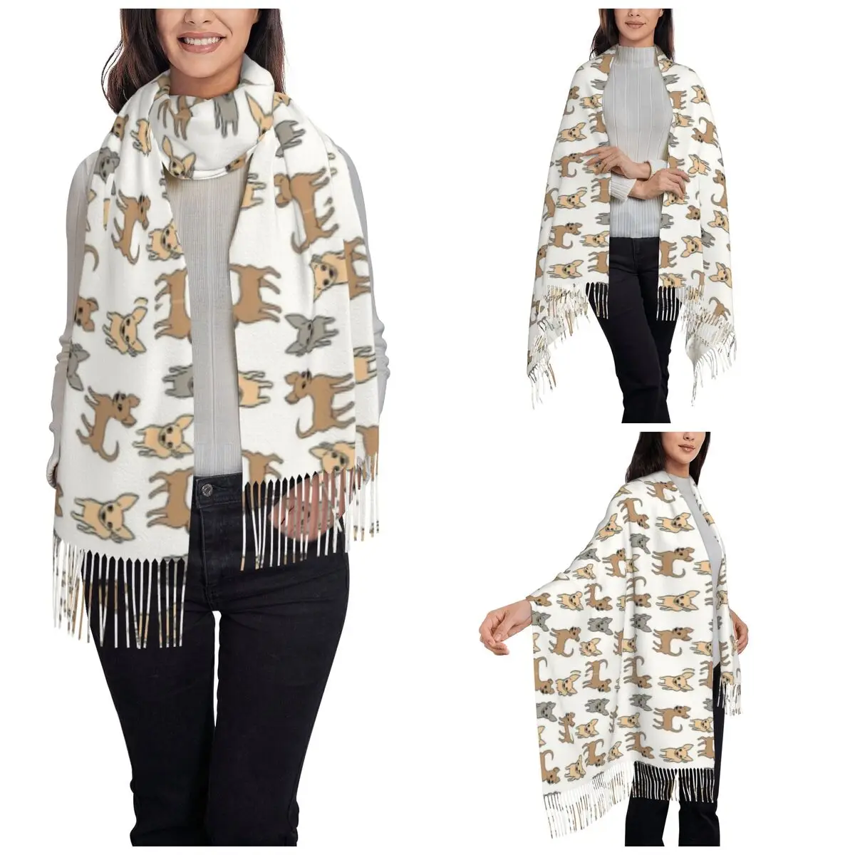 Women's Tassel Scarf Chihuahua Dog Long Soft Warm Shawl Wrap Cartoon cute animal Daily Wear Cashmere Scarf