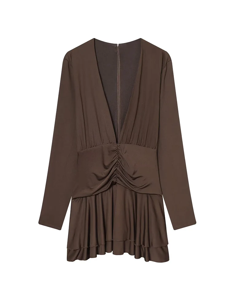 Autumn Women's Elegant Slim Fit Long Sleeve Dress Elastic Pleated Fashion Casual V Neck Mini Dress Lady Sexy Tierred Dresses