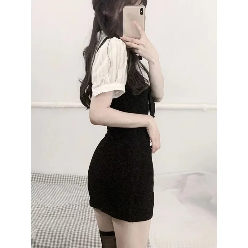 Trendy Mini Dress with Detachable Butterfly Knot Black White Splicing Bubble Sleeve Polo Collar Women's Fashion Summer New Arriv - Image 4