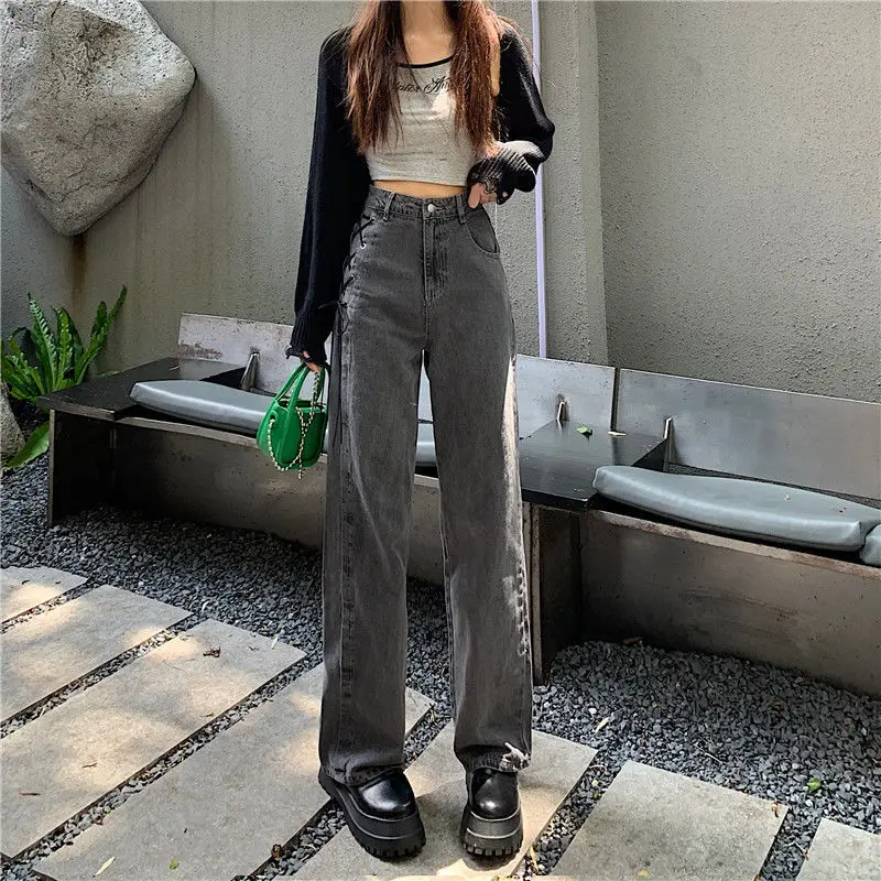 Fashion Gothic High Waist Jeans Women Spring Side Lace Up