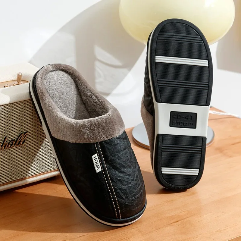 Men's Winter Slippers - Waterproof PU Leather with Plush Fur Lining,Non-Slip Indoor House Shoes for Home Comfort Sizes Available