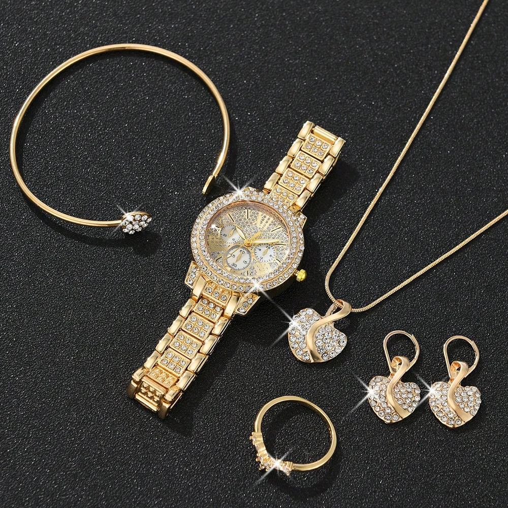 Ladies Watch 6pcs/Set Women's Fashion Heart Necklace Earings Bracelet Rings Jewelry Set Shaped Rhinestone Quartz Watch Set Watch 3