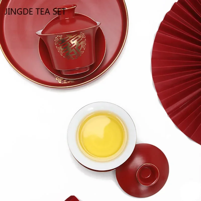 Boutique Red Ceramics Gaiwan with Lid Master Cup Handmade Porcelain Tea Cup Household Tea Bowl Wedding Tea Set Accessories