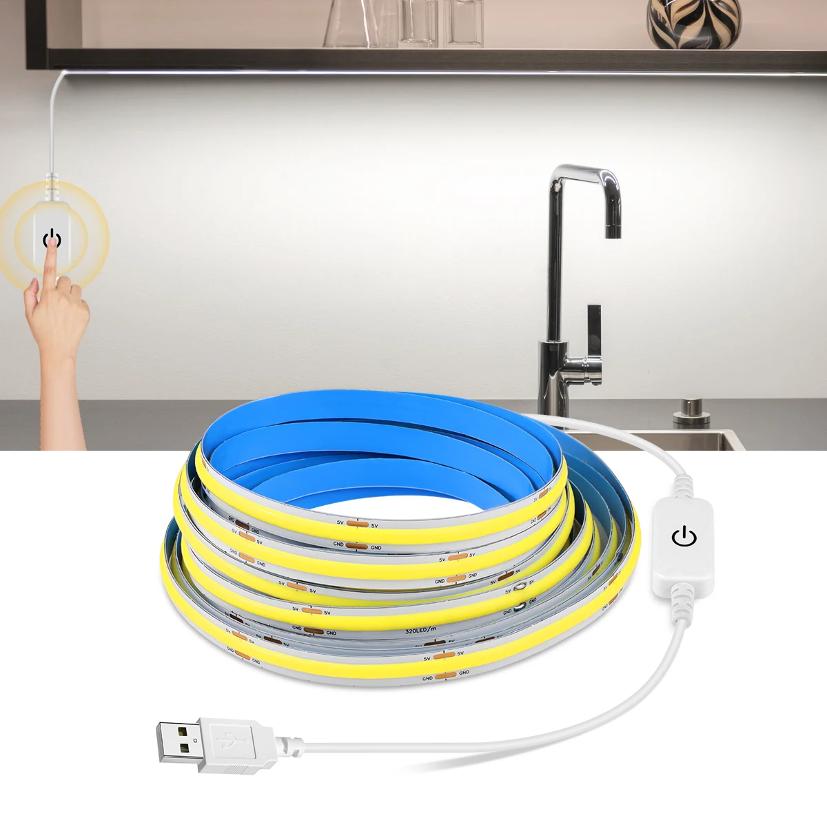 1M-5M USB LED 스트립 빛 5V 320LED/M COB 터치 센서 디밍이 가능한 램프 테이프 DIY TV 미러 백라이트 주방 룸 야간 조명