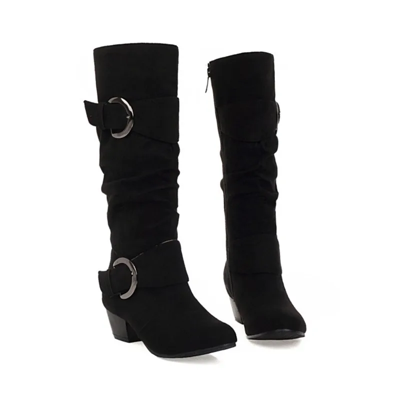 Women High Heel Boots Lady Buckle Wedges Heels Knee Boots Round Toe Flock Sewing Boots