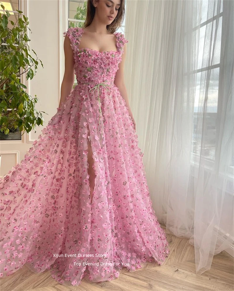 Xijun Tulle Pink Evening Dress 3D Flowers Prom Dresses Wedding Party Dresses  Side Slit 2023 Fairy Prom Gowns A-Line For Women - AliExpress 320