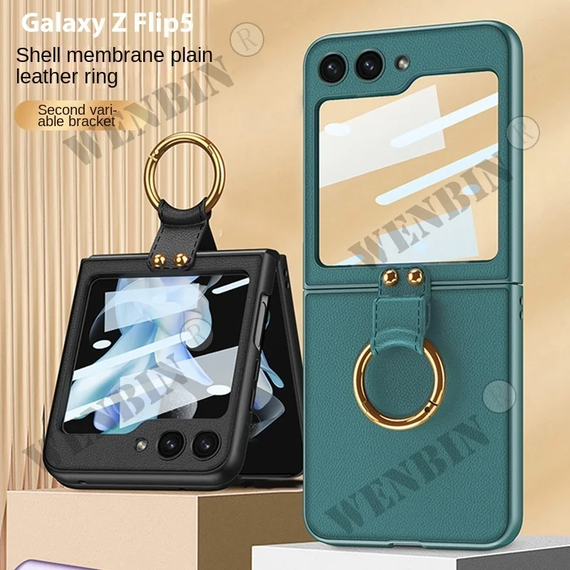 Finger Ring Capa For Samsung Z Flip 5 4 3 5G Case Luxury Leather With Camera Lens Protector Glass Phone Case Cover