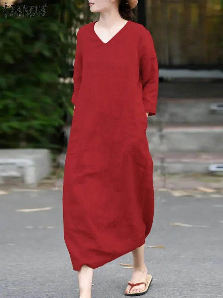 

ZANZEA Summer V Neck 3/4 Sleeve Solid Mid-calf Sundress Vintage Women Casual Robe Femme Dress Loose Party Work Cotton Vestido