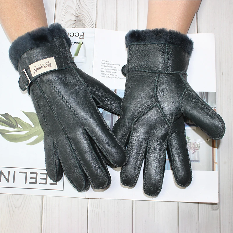 Gants en fourrure en peau de mouton pour homme, cuir épais, hiver, chaud,  extérieur, vent et froid, couture à la main, nouveau modèle de marque