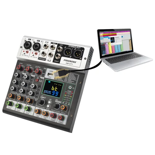 FREEBOSS 믹싱 콘솔, 블루투스 사운드 오디오, DJ 믹서, USB PC 레코드 재생, 가라오케 홈 파티 AM-UT1, 99 효과, 48V, 4 채널 4