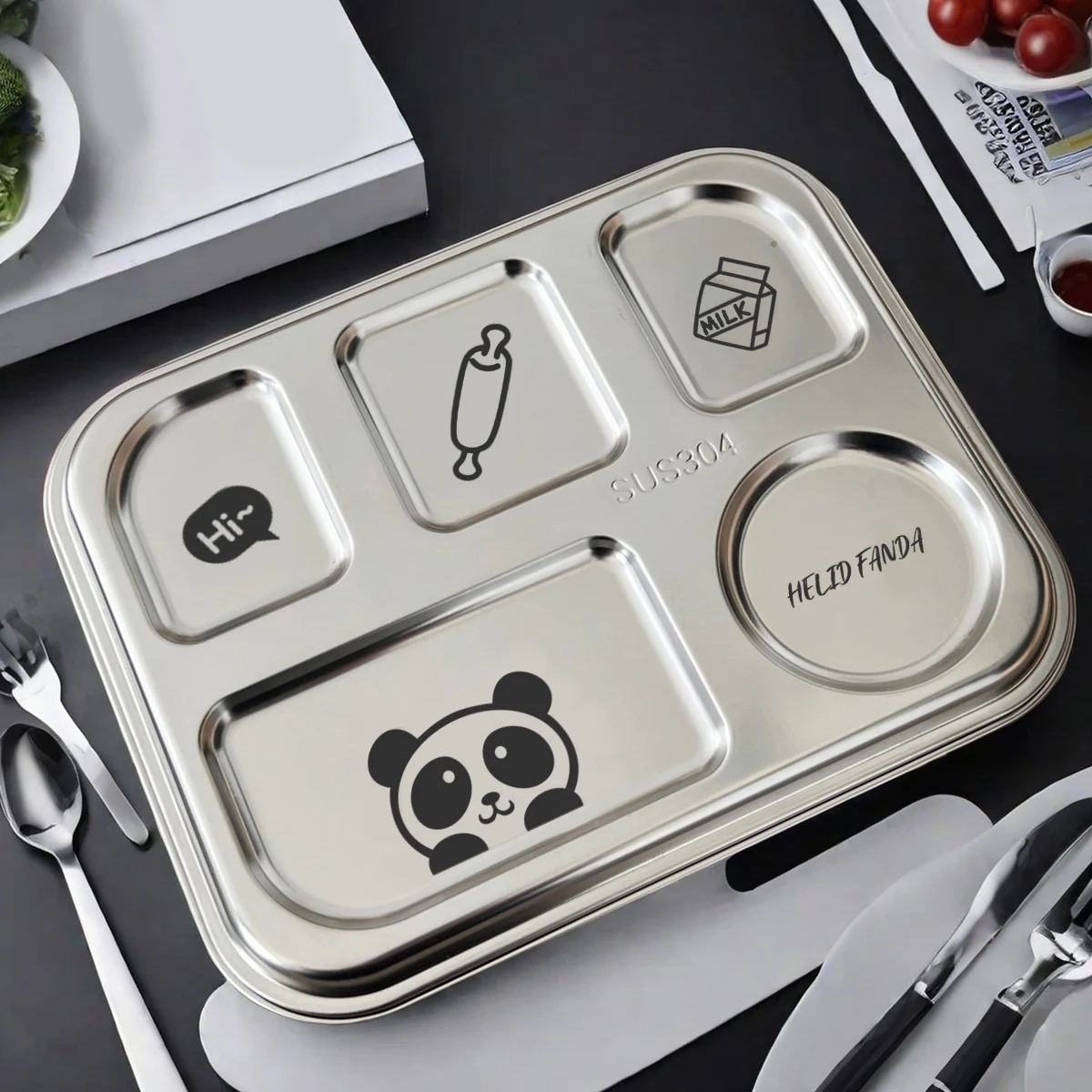 WORTHBUY 4/5-Compartments Dinner Plate For Student 304 Stainless Steel Fast Food Plate Canteen Divided Dinner Tray With Lid