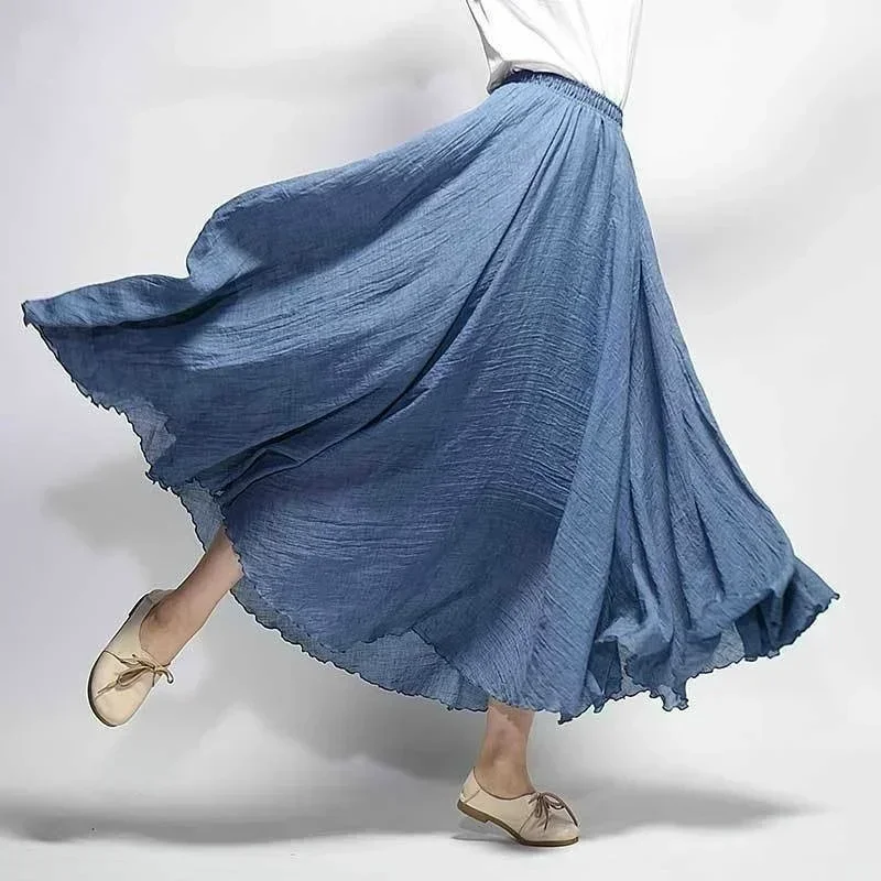 

Vintage Solid Color Fashion Linen Maxi Skirt Pleated Boho Long Casual Cotton Beach Skirts Empire A-Line Ladies Women's Clothing