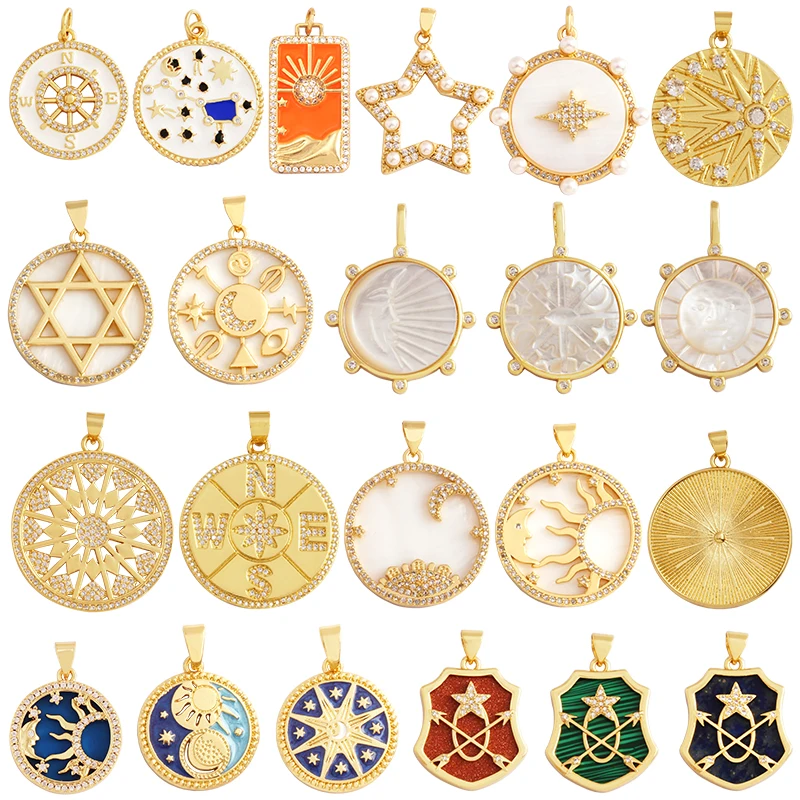 Bussola Shining Sun Moon Star Shell Charm Pendant,18K Placcato Oro Intarsiato Cubic Zirconia Gioielli Collana Braccialetto Forniture
