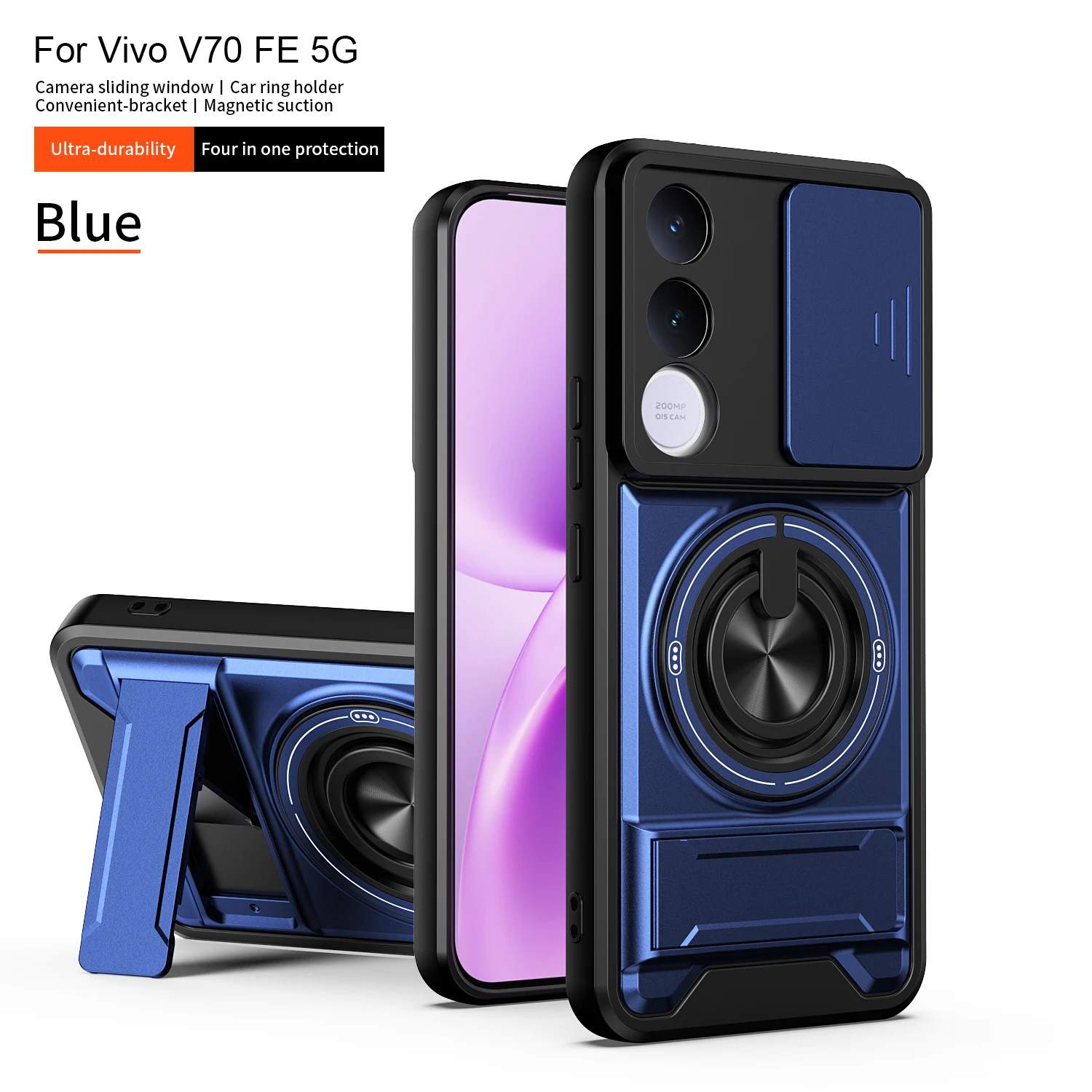 Rugged Shockproof Phone Case with Sliding Camera Cover and Magnetic Ring Kickstand