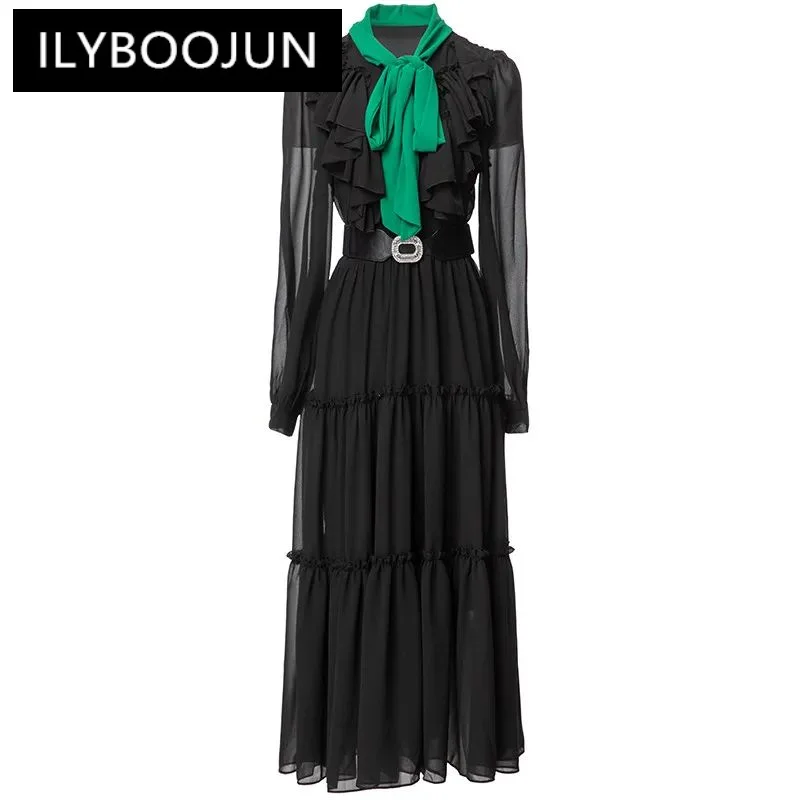 

ILYBOOJUN Fashion Women's New Scarf Collar Flounced Edge Lantern Long-Sleeved Edible Tree Fungus Edge Belt Vintage MIDI Dress