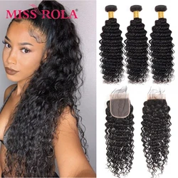 Miss Rola Hair Brazilian Deep Wave 3 Bundles With Closure Natural Color 100% Human Hair 8-30 Inches Remy Hair Extensions