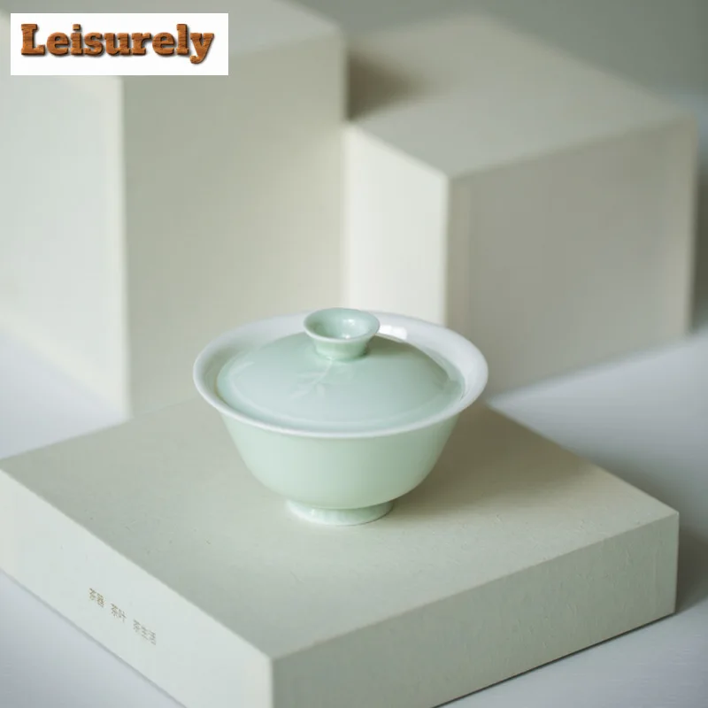 100ml White Porcelain Bamboo Shadow Gaiwan Boutique Solid Color Thin Tire Tea Tureen Tea Maker Cover Bowl for Ornaments