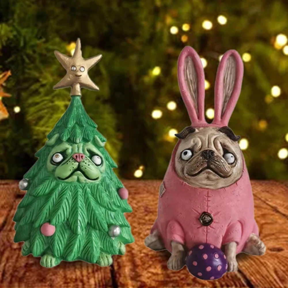 

Christmas Decorative Pug Sculpture Christmas Tree Pug Pumpkin Dog Figurine Decoration Home Resin Ornament Room Decor Many Styles