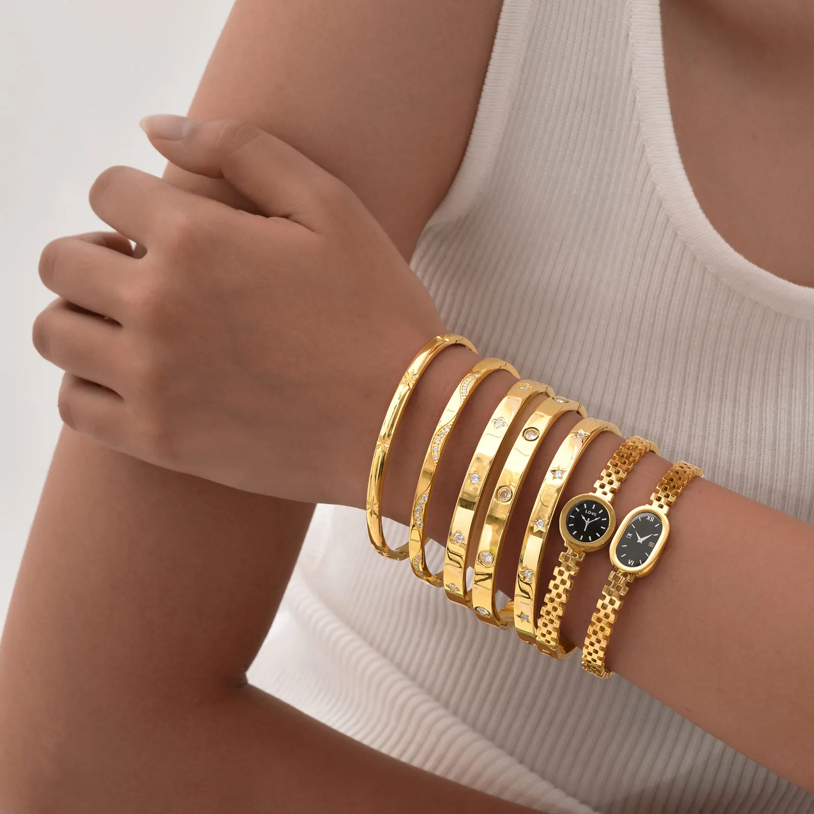 Stainless Steel Bracelet Women Fashion Stainless Steel Watch Shaped Cuff Bangle, Gold Color Metal Bracelets, Elegant Lady Wristband Jewelry Gift