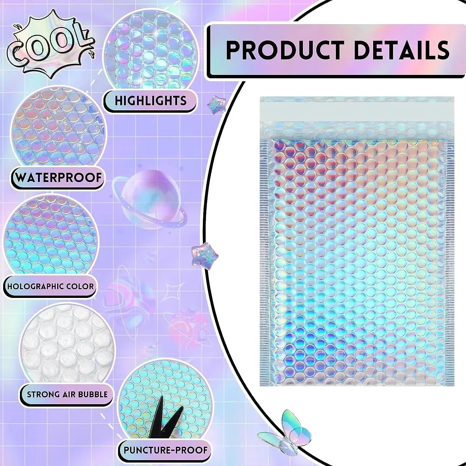 50pcs Envelopes Bubbles Shipping Bags Packages Holographic Mailer Laser Bubble Mailers Small Business Supplies Self Seal Mailing 2