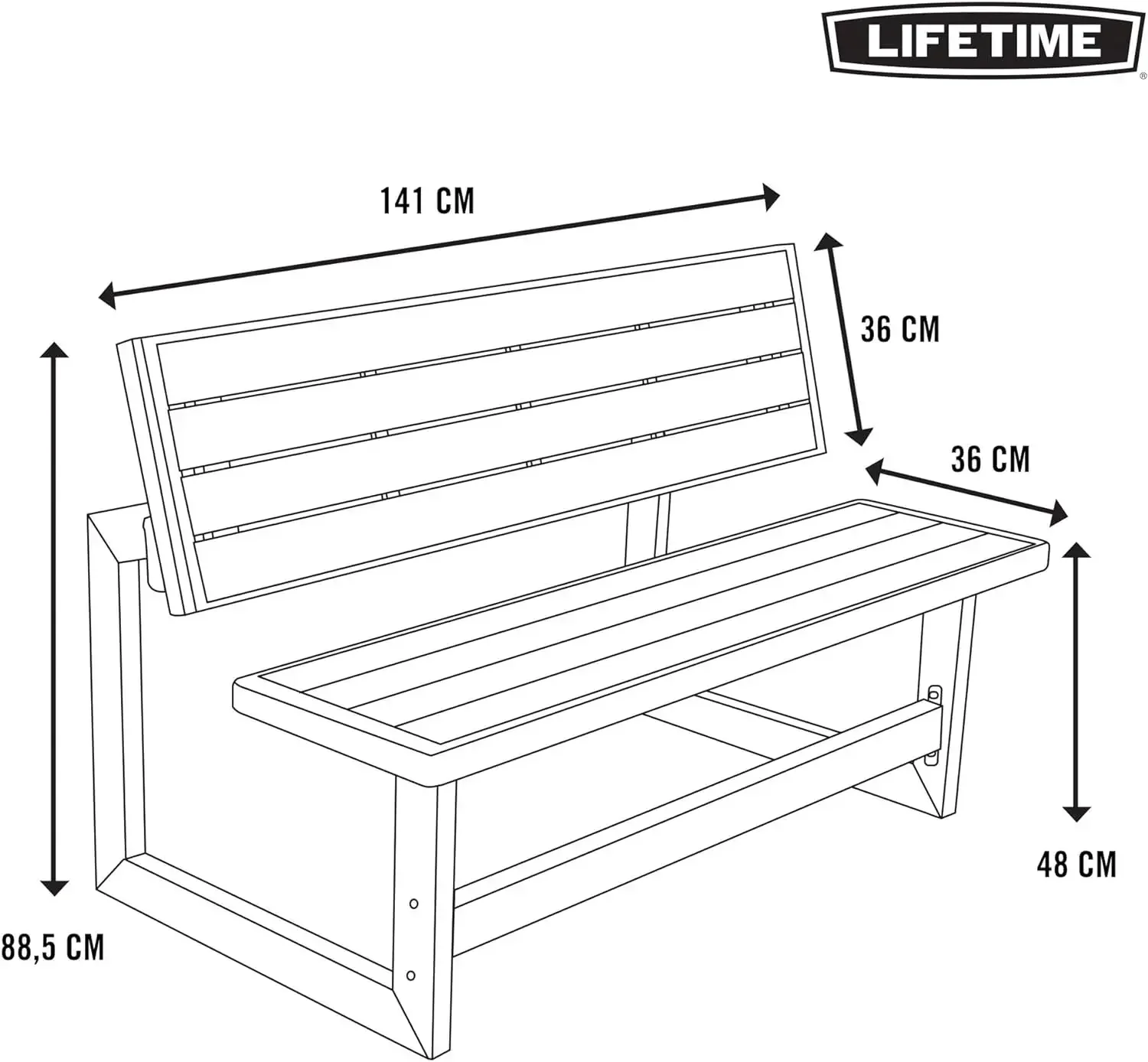60253 Outdoor Convertible Bench, 55 Inch, Durable, Weather-resistant Polystyrene Simulated Wood Will Not Fade, Gray